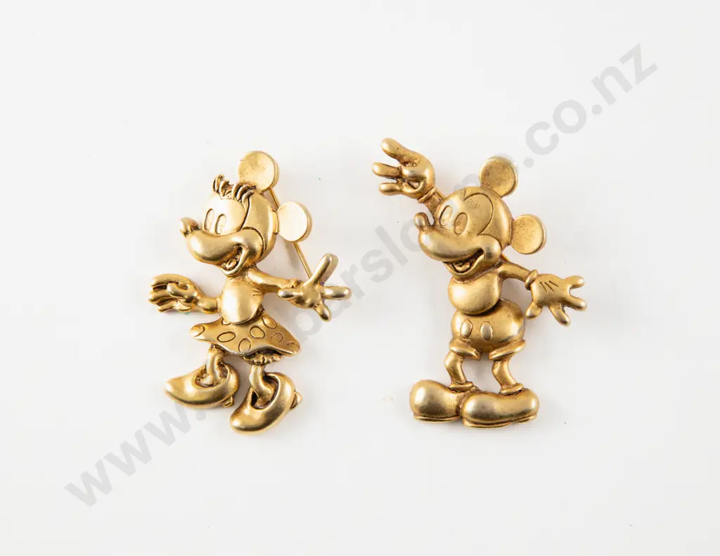 Disney Gold Plated Mickey and Minnie Mouse Brooches Image 1++