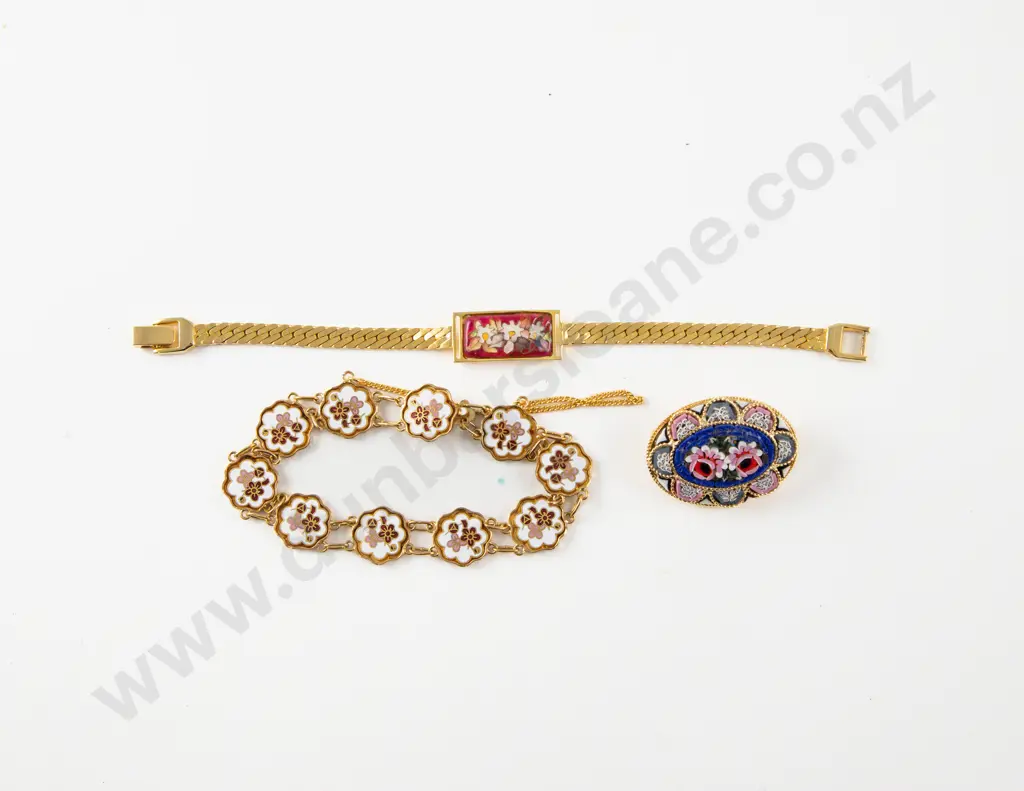 Vintage Italian Micro Mosaic Brooch and Two Cloisonne Bracelets Image 1++