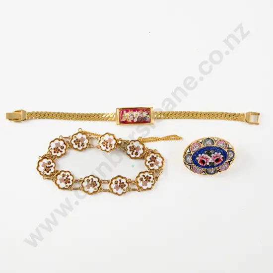 Vintage Italian Micro Mosaic Brooch and Two Cloisonne Bracelets