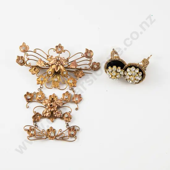 Javanese Vintage Gold Plated and Gem Stone Brooch and Pair Earrings