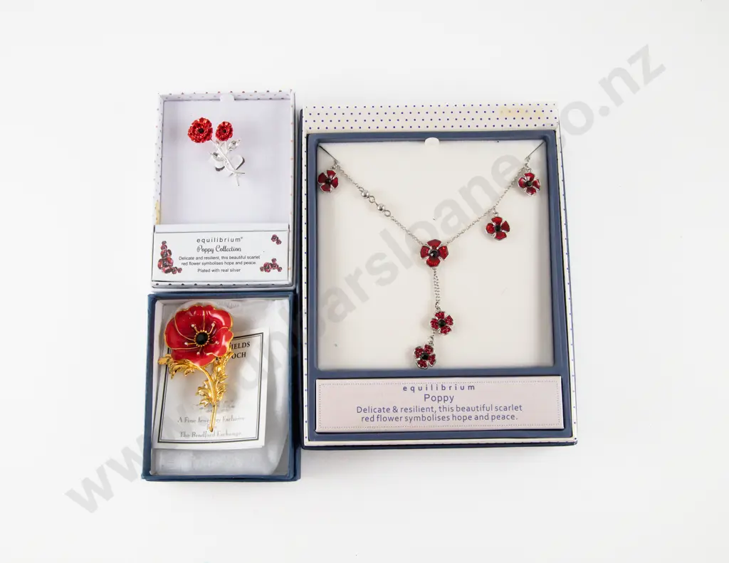 Two Silver Plated Poppy Brooches and Necklace Image 1++