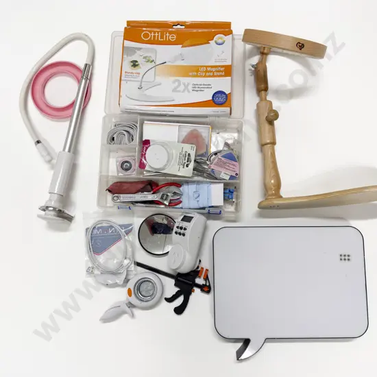 Collection of Assorted Sewing Tools Tapestry Stand Light Box and Various