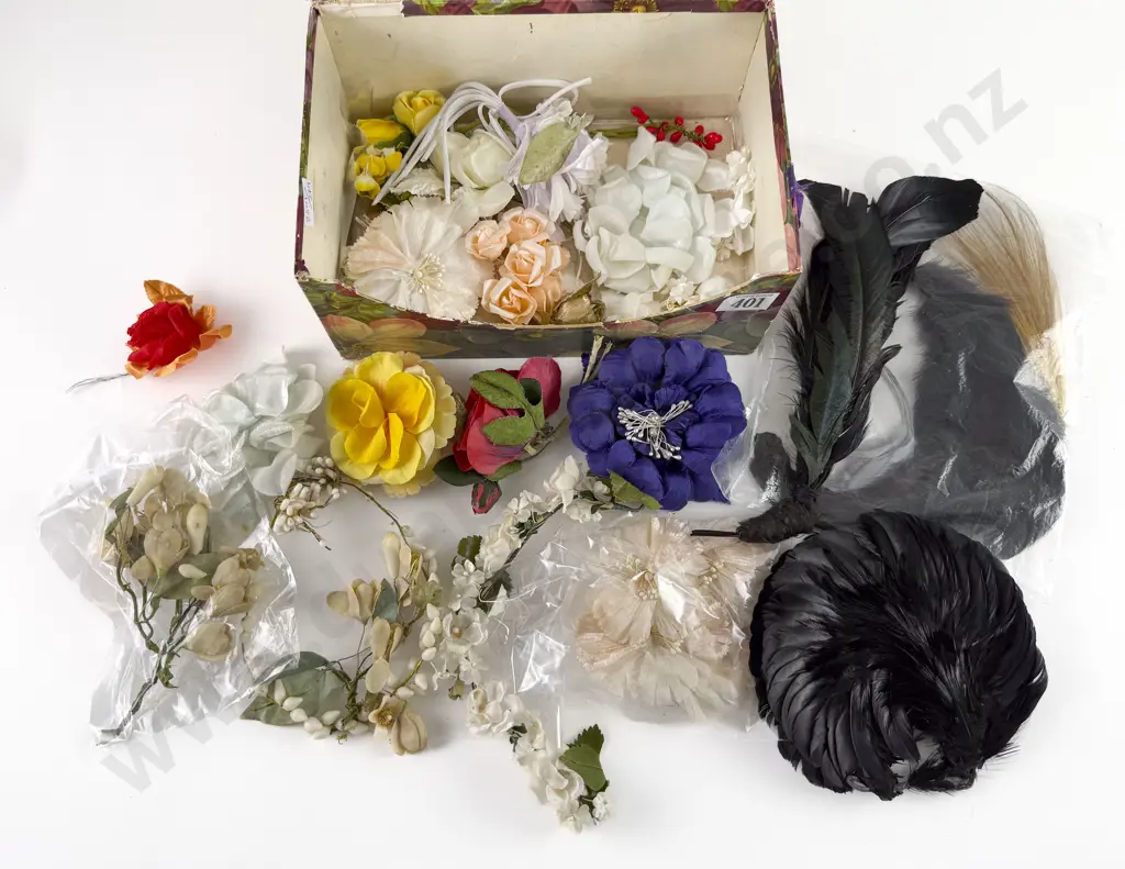 Quantity of Material and Wax Hat Trim with Feathers and Flowers Image 1++