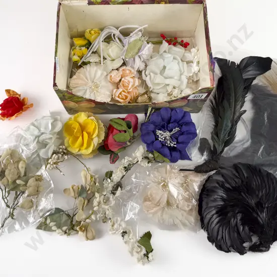 Quantity of Material and Wax Hat Trim with Feathers and Flowers