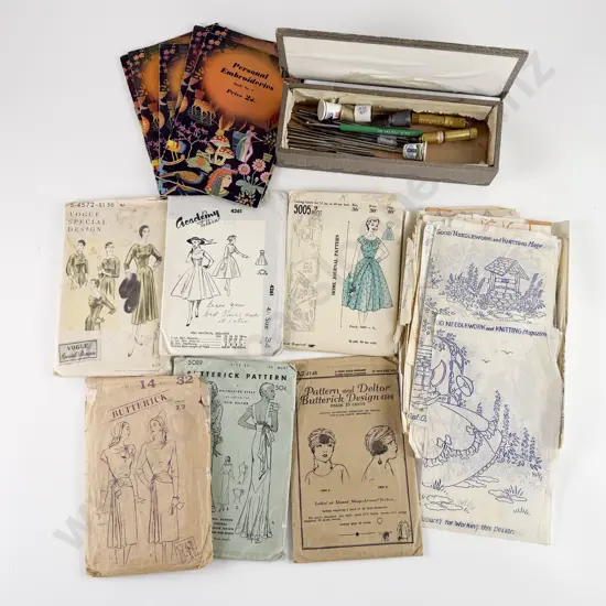 Quantity of Vintage Needle Work Transfers Patterns Crochet Hooks and Various