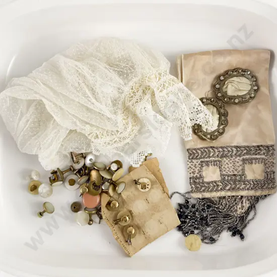 Victorian Lace Ladies Night Bonnet Art Deco Beaded Evening Purse Pair Shoe Buckles and Various Studs