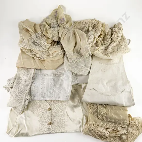 Victorian Lace Stoles (some faults) with Linen Pocket Apron and Various Yolks Blouse Fronts etc