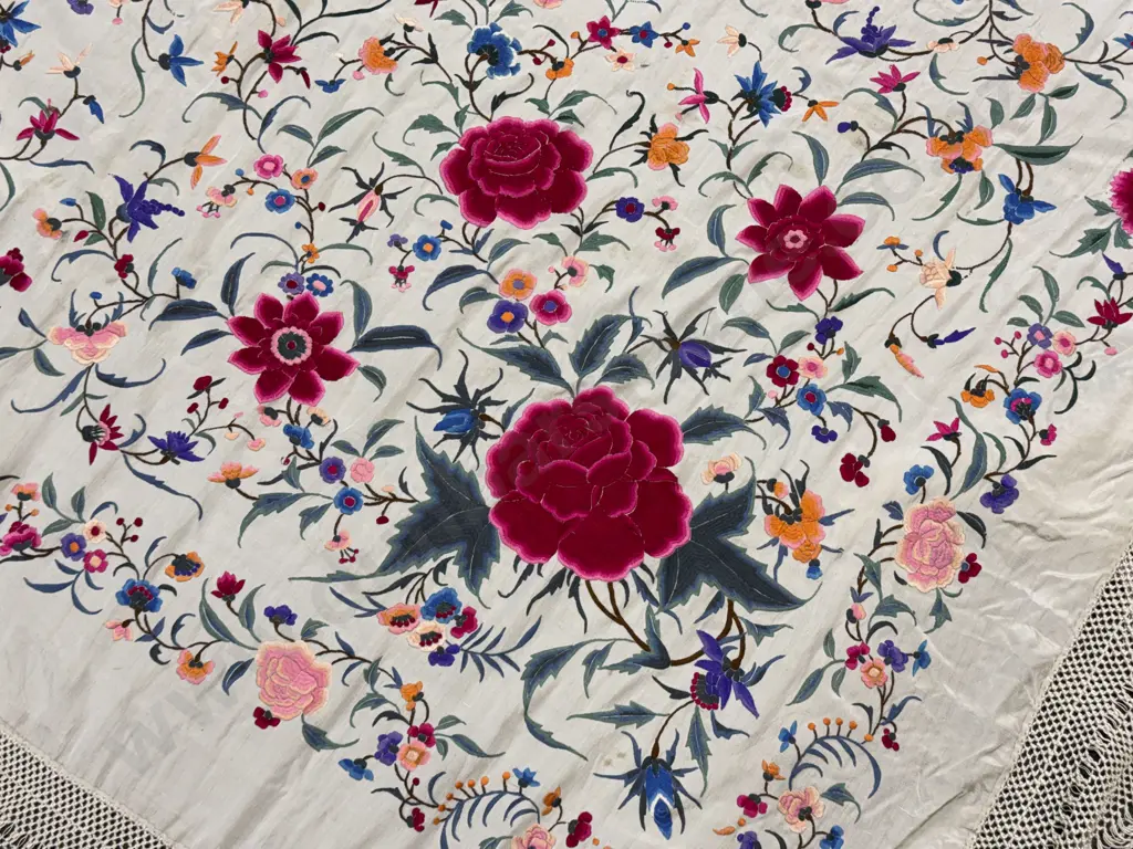 Victorian Cantonese Silk Rose Embroidered Piano Shawl Image 1++