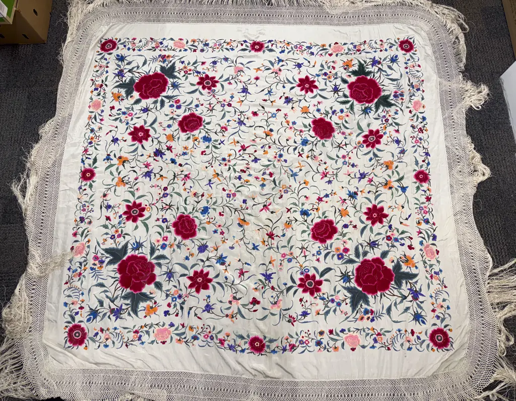 Victorian Cantonese Silk Rose Embroidered Piano Shawl Image 1++