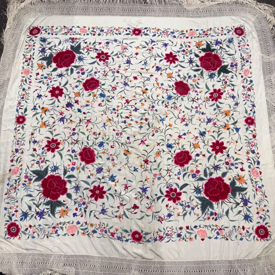 Victorian Cantonese Silk Rose Embroidered Piano Shawl