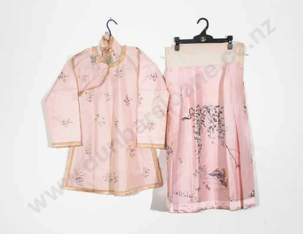 Antique Cantonese Embroidered Pink Silk Jacket and Skirt Image 1++