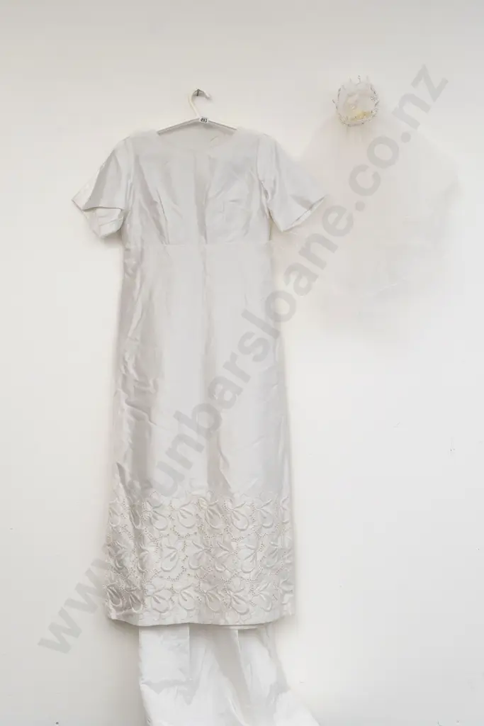 C1960s Empire Style Satin Wedding Gown with Long Train and Net Veil Image 1++