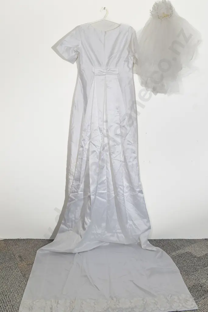 C1960s Empire Style Satin Wedding Gown with Long Train and Net Veil Image 1++