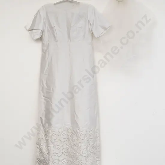 C1960s Empire Style Satin Wedding Gown with Long Train and Net Veil