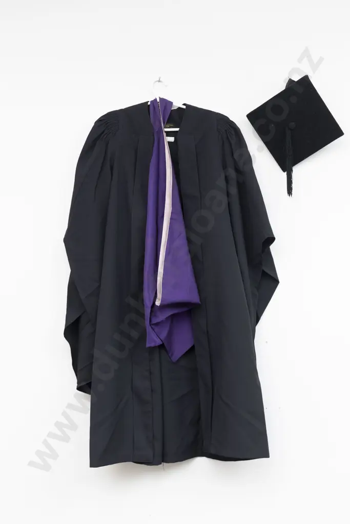 University Graduation Gown with Purple Sash and Cap Image 1++