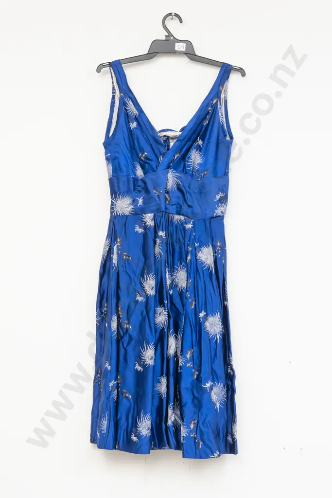 C1960s Patterned Blue Satin Cocktail Dress Image 1++
