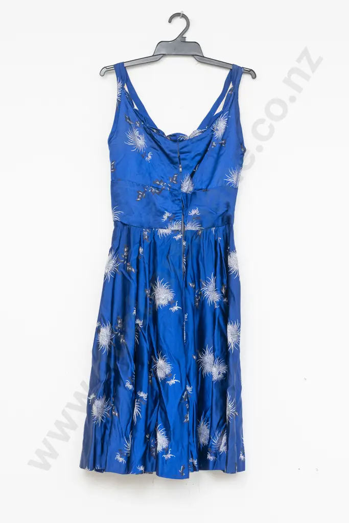 C1960s Patterned Blue Satin Cocktail Dress Image 1++