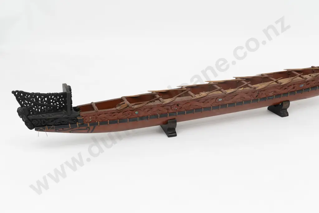 Superb Model Waka Taua (fighting canoe) carved by Thomas Hall Image 1++