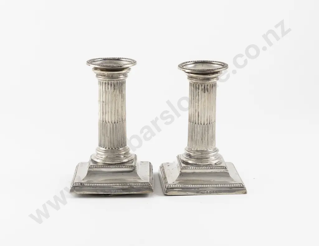 Pair Small Vict S/S Doric Column Candlesticks Image 1++
