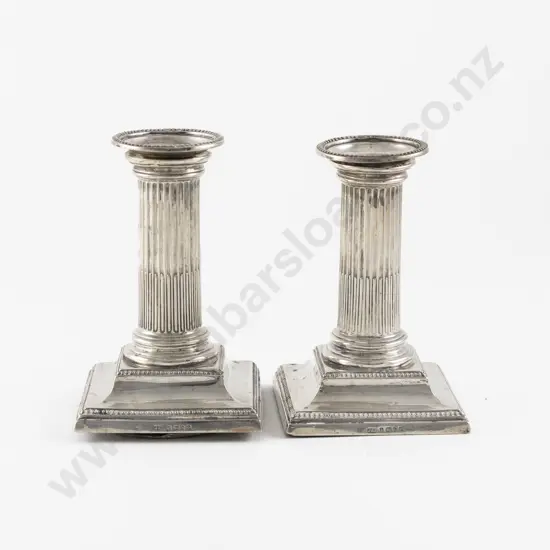 Pair Small Vict S/S Doric Column Candlesticks