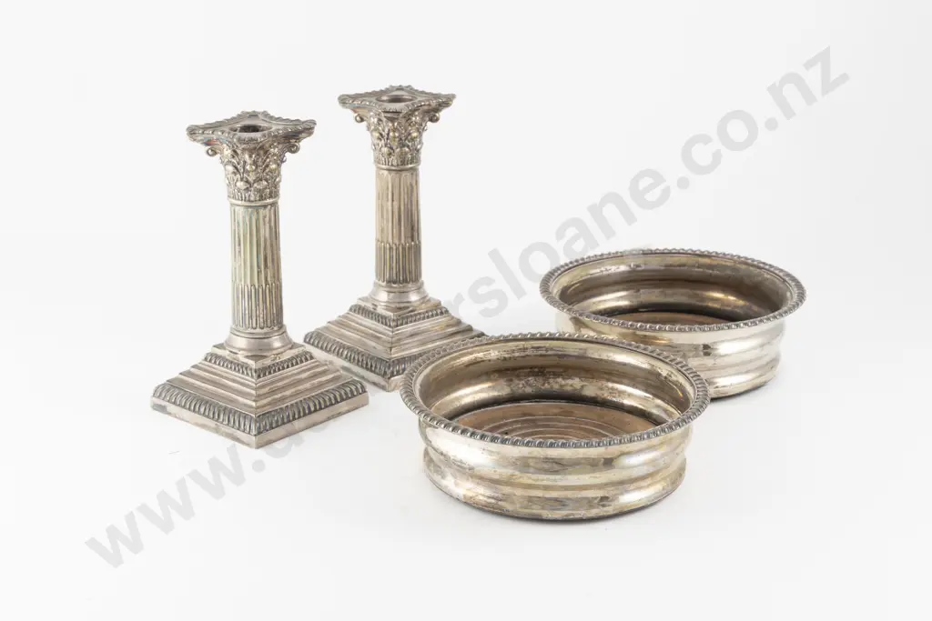 Pair S/P Corinthian Column Candlesticks & Pair Wine Coasters Image 1++