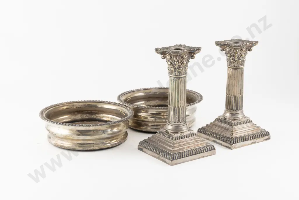 Pair S/P Corinthian Column Candlesticks & Pair Wine Coasters Image 1++