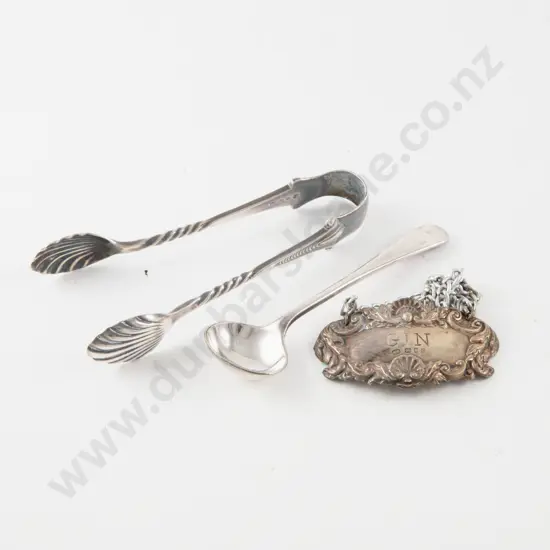 Vict S/S Mustard Spoon Gin Decanter Label & Pair Sugar Tongs