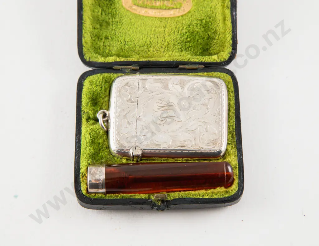 Edwardian S/S Engraved Vesta Case And Cigarette Holder Image 1++
