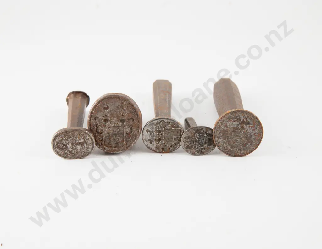 Antique Five Solid Steel Book Stamp Armorial Crests Image 1++