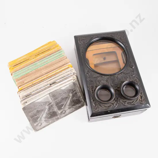 Victorian Ornately Decorated Ebonized Case Tabletop Stereoscope with Cards