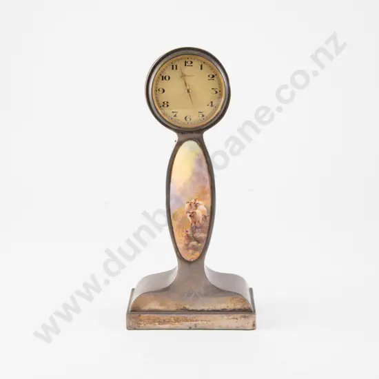 Art Deco S/S Cased Royal Worcester Hand Painted Panel Dressing Table Clock