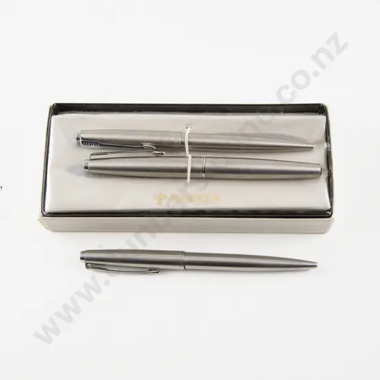 Boxed Parker 45 Fountain Pen in Stainless Steel Case with Two Ballpoint Pens