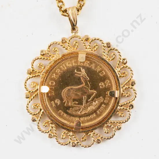 1982 South African Gold 1/10 Krugerrand in 9ct Fancy Pendant Frame and Trace Link Neck Chain