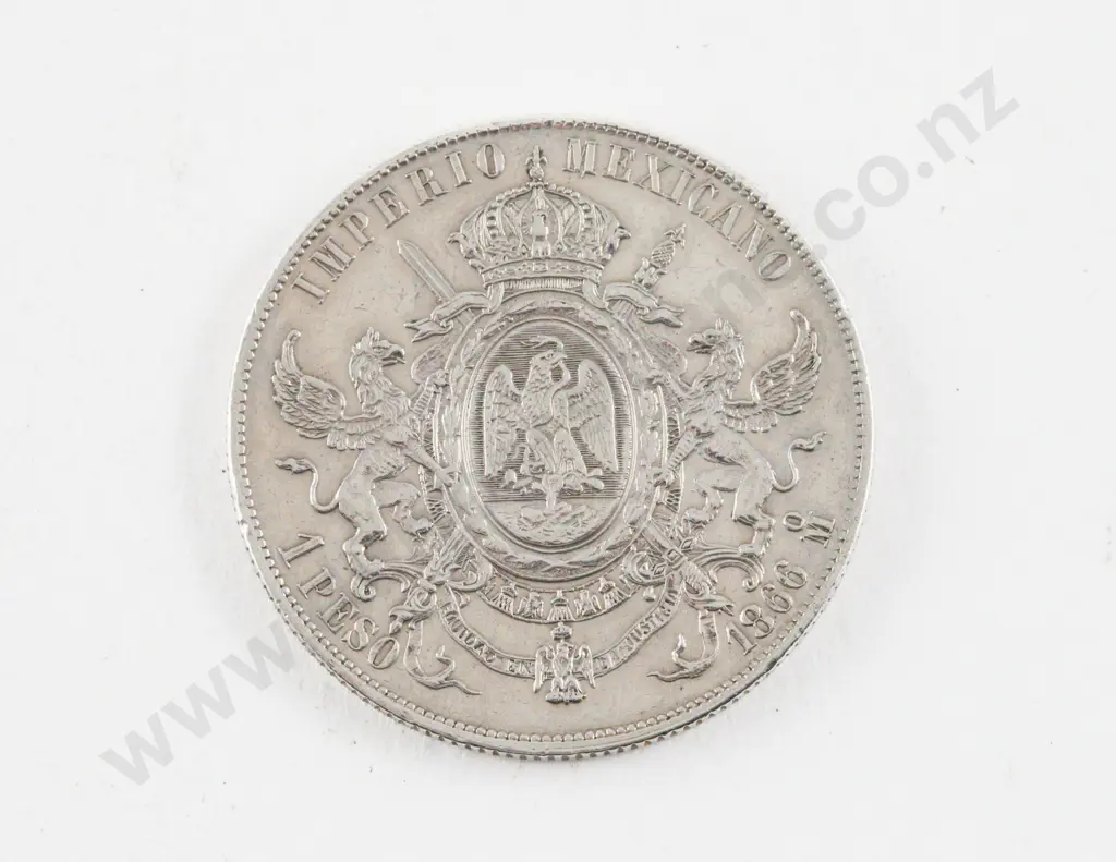 Mexico 1866 Mo 1 Peso Silver Coin Emperor Maximilian I Image 1++