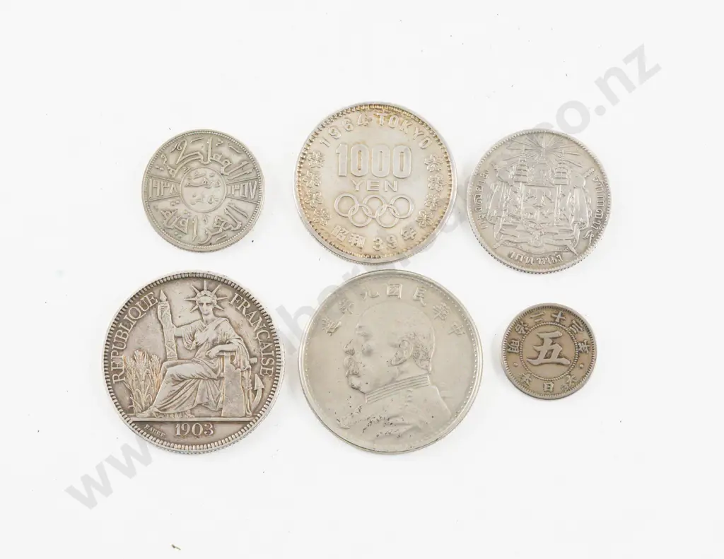 1903 French Indochina 1 Piastre 1964 Tokyo Olympics 1000 Yen with Various Asian Coinage (4) Image 1++