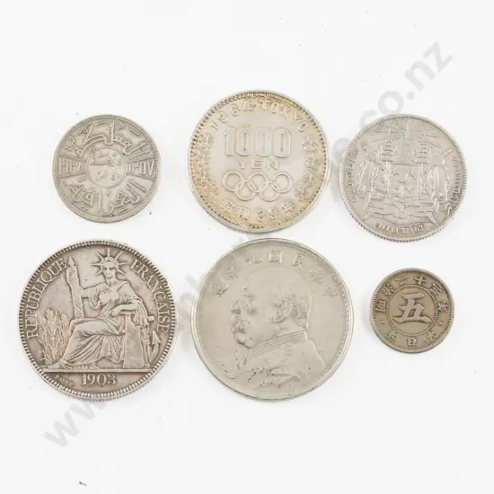 1903 French Indochina 1 Piastre 1964 Tokyo Olympics 1000 Yen with Various Asian Coinage (4)
