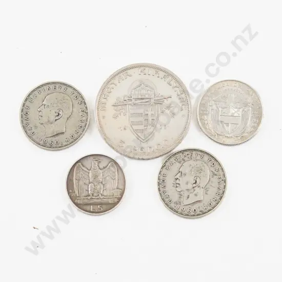 1938 Hungary Miklós Horthy Silver 5 Pengő with Four Various SIlver World Coins