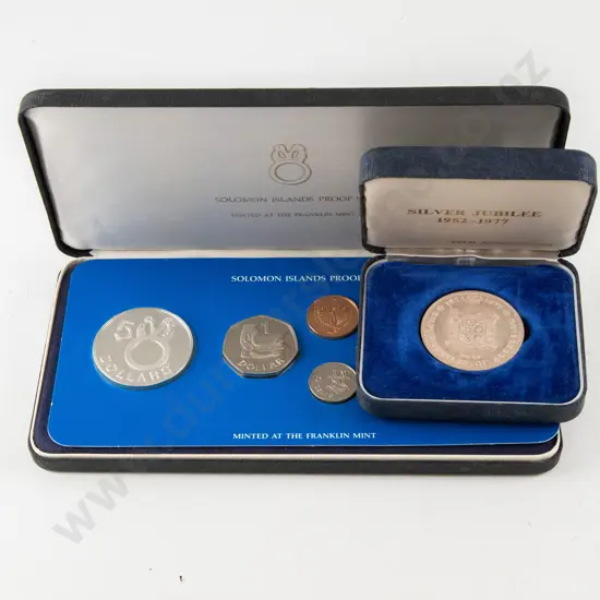 1977 Franklin Mint Solomon Islands First National Coinage 7 Coin Proof Set ($5 Silver) & 1977 Fiji Silver $10