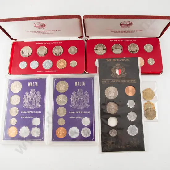 1977 Franklin Mint Malta Decimal Proof Nine Coin Set x2 - 1973 x3 - 25cents x2