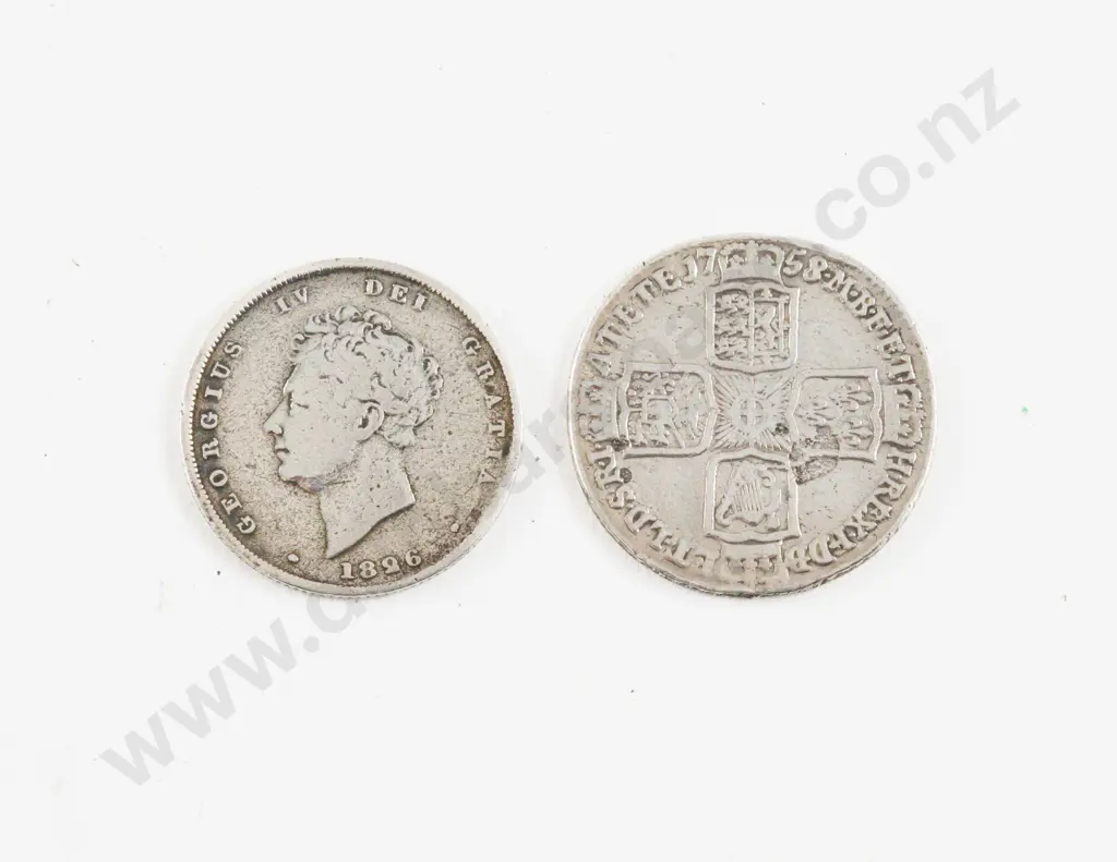UK GeoII 1758 Silver Shilling and GeoIV 1826 Shilling Image 1++
