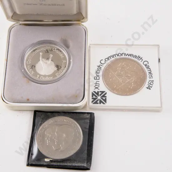 NZ 1989 XIVth Commonwealth Games Proof Silver Dollar 1974 Games $1 & 1981 Royal Wedding Crown