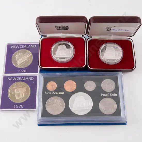 NZ Two 1978 Proof Silver Dollars NZ Parliament with 7pce Unc Coin Set and Unc $1 x2