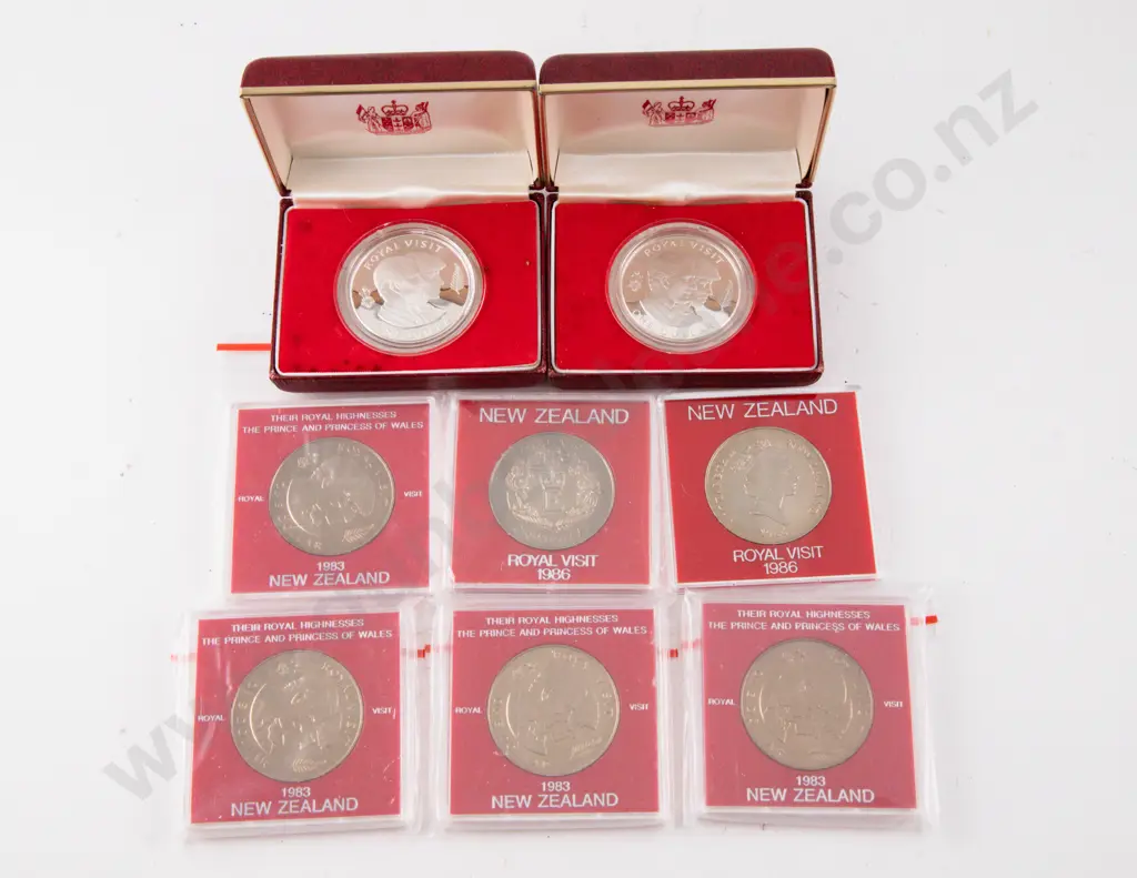 NZ Two 1983 Proof Silver Dollars Royal Visit with Four Unc $1 and 1986 Royal Visit Unc $1 x2 Image 1++
