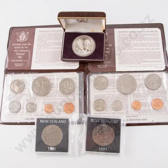 NZ 1981 Proof Silver Dollars Royal Visit with Two 7pce Unc Issue Sets and Unc $1 x2