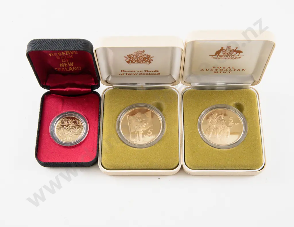 NZ and Australia 1990 Anzac Proof $5 and NZ 1995 $10 Gold Prospector Image 1++
