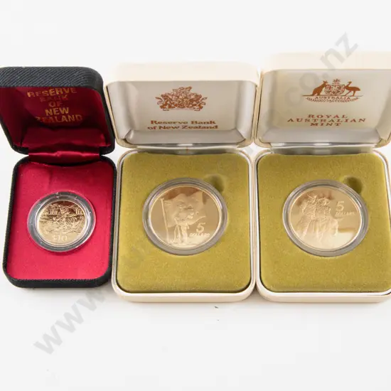 NZ and Australia 1990 Anzac Proof $5 and NZ 1995 $10 Gold Prospector