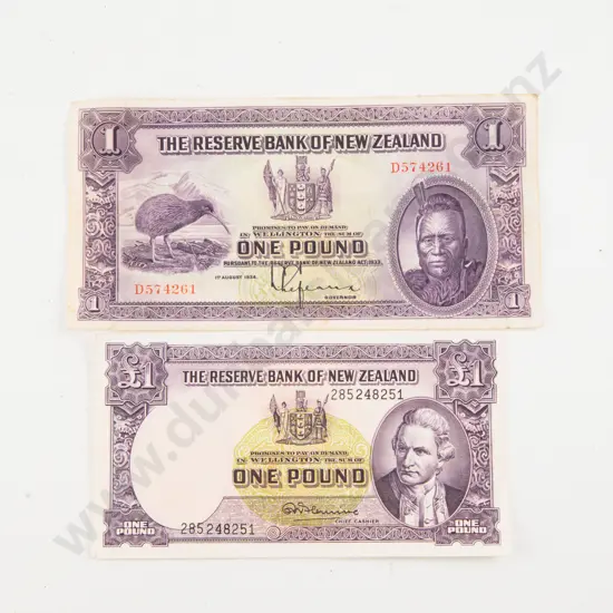 Two NZ One Pound Bank Notes Signed Fleming and Lefeaux 1934