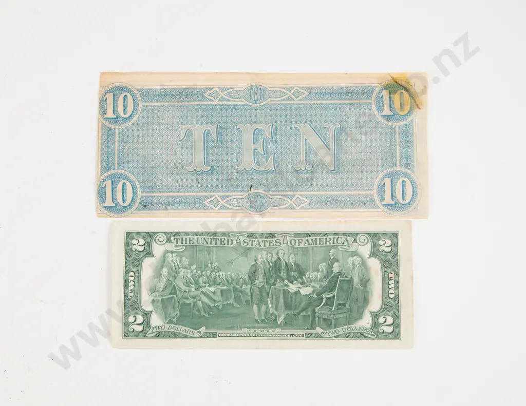 1864 $10 Confederate Bank Note and US $2 Banknote 1976 Series Jefferson Image 1++