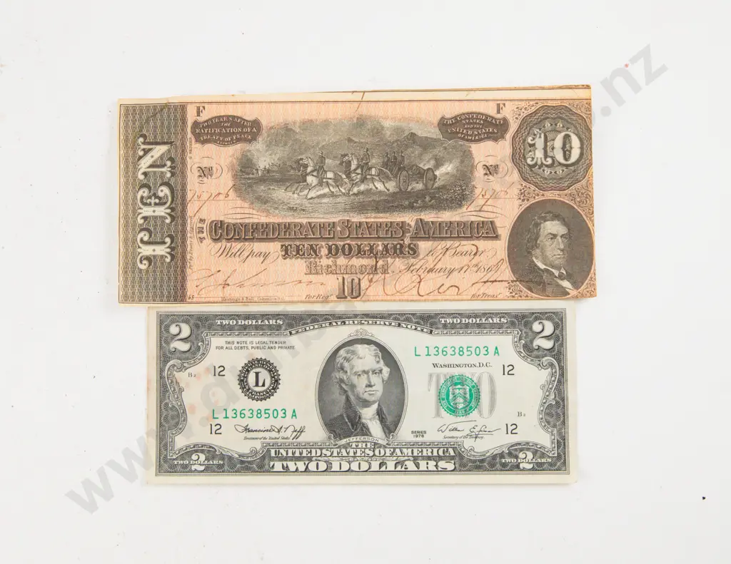 1864 $10 Confederate Bank Note and US $2 Banknote 1976 Series Jefferson Image 1++