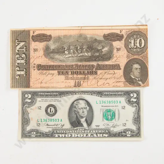 1864 $10 Confederate Bank Note and US $2 Banknote 1976 Series Jefferson